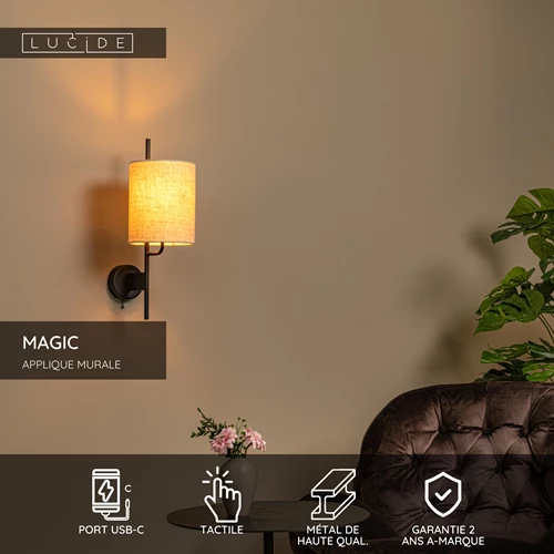 Lucide MAGIC - Applique murale - 1xE27 - Point de rechargement USB - Noir - USP